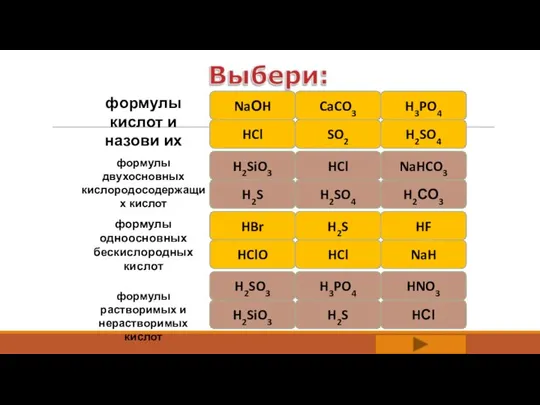 ошибка ошибка NaОH HCl CaCO3 SO2 H3PO4 H2SO4 HCl H2SiO3 H2S