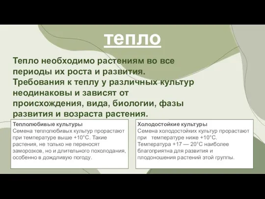 тепло Тепло необходимо растениям во все периоды их роста и развития.