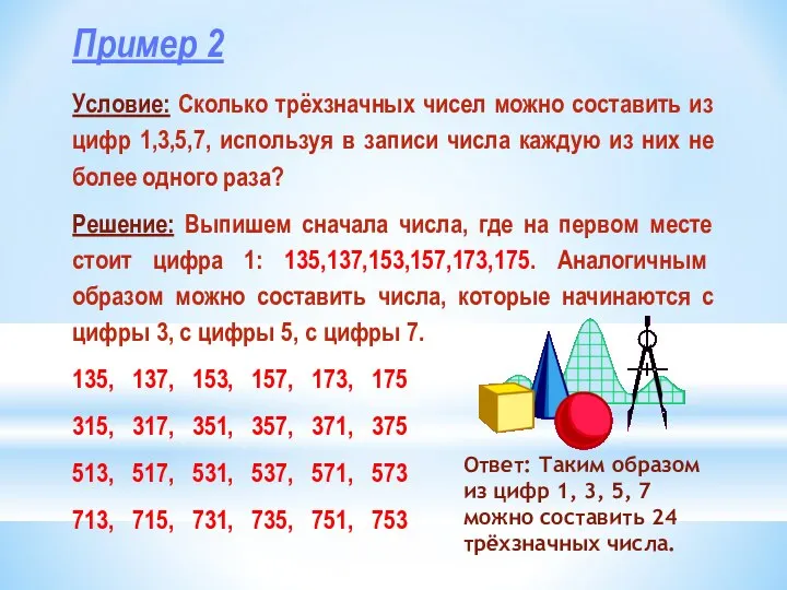 Пример 2 Условие: Сколько трёхзначных чисел можно составить из цифр 1,3,5,7,