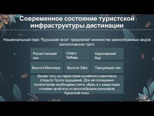 Современное состояние туристской инфраструктуры дестинации Национальный парк “Куршская коса” предлагает множество разнообразных видов экологических троп: