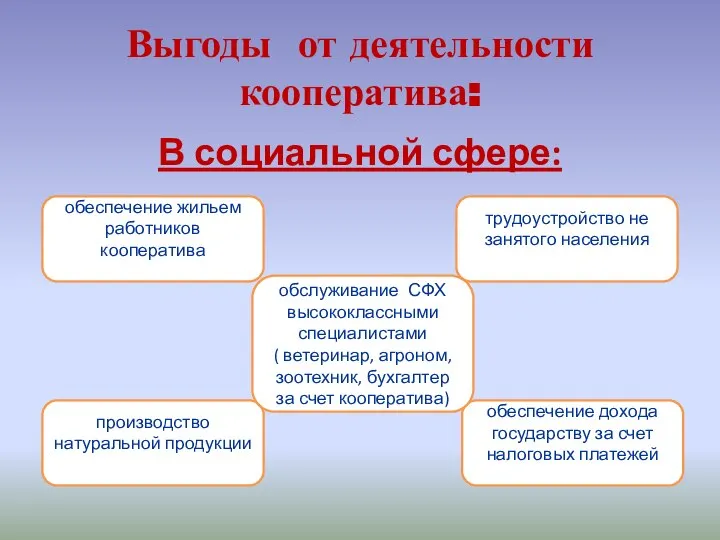 Выгоды от деятельности кооператива: В социальной сфере: обеспечение жильем работников кооператива