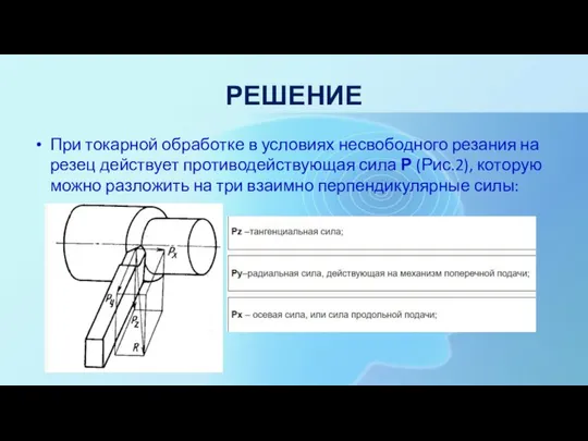 РЕШЕНИЕ При токарной обработке в условиях несвободного резания на резец действует