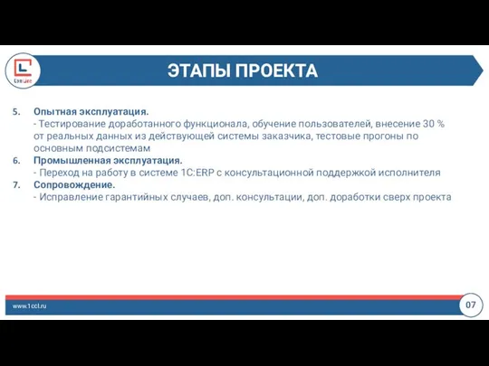 ЭТАПЫ ПРОЕКТА www.1ccl.ru 07 Опытная эксплуатация. - Тестирование доработанного функционала, обучение