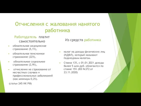 Отчисления с жалования нанятого работника Работодатель платит самостоятельно обязательное медицинское страхование