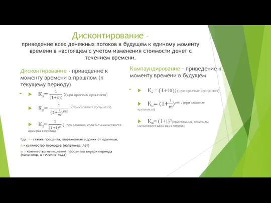 Дисконтирование – приведение всех денежных потоков в будущем к единому моменту