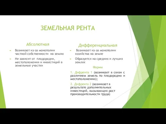 ЗЕМЕЛЬНАЯ РЕНТА Абсолютная Возникает из-за монополии частной собственности на землю Не