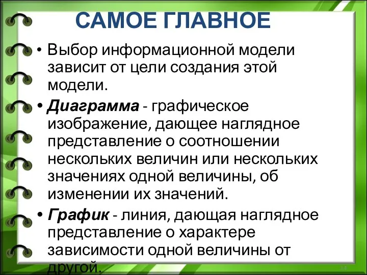 САМОЕ ГЛАВНОЕ Выбор информационной модели зависит от цели создания этой модели.