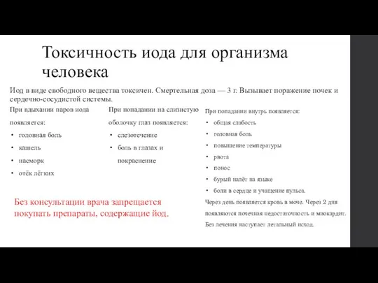 Токсичность иода для организма человека Иод в виде свободного вещества токсичен.