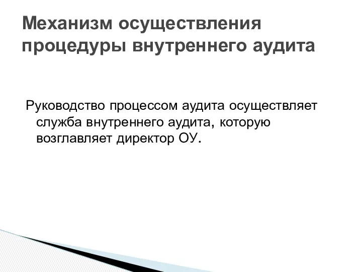 Руководство процессом аудита осуществляет служба внутреннего аудита, которую возглавляет директор ОУ. Механизм осуществления процедуры внутреннего аудита