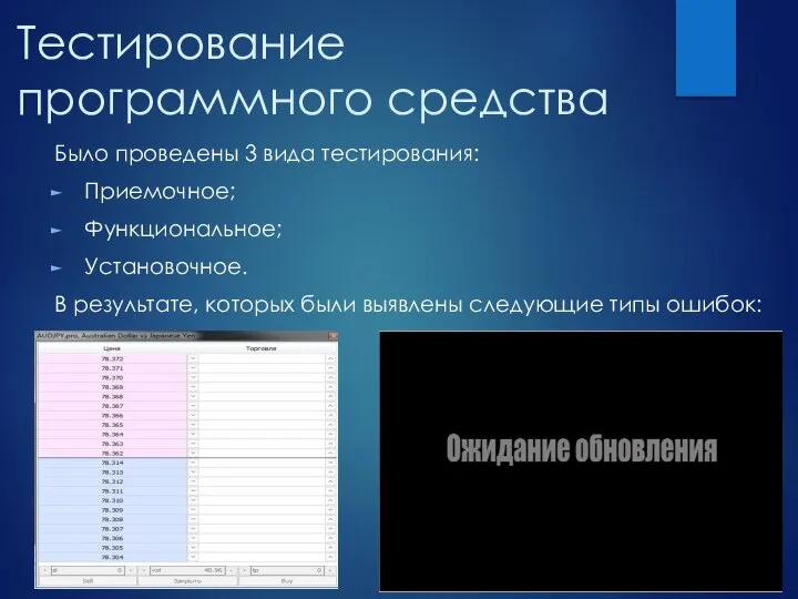 Тестирование программного средства Было проведены 3 вида тестирования: Приемочное; Функциональное; Установочное.