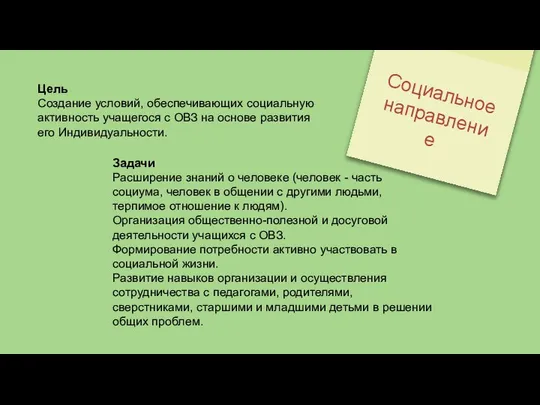 Социальное направление Цель Создание условий, обеспечивающих социальную активность учащегося с ОВЗ