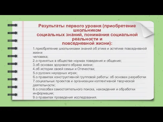 Результаты первого уровня (приобретение школьником социальных знаний, понимания социальной реальности и