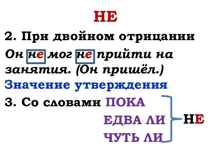 НЕ 2. При двойном отрицании Он не мог не прийти на