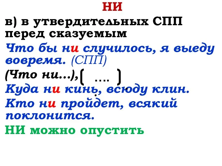 НИ в) в утвердительных СПП перед сказуемым Что бы ни случилось,