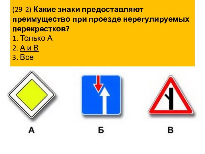 (29-2) Какие знаки предоставляют преимущество при проезде нерегулируемых перекрестков? 1. Только