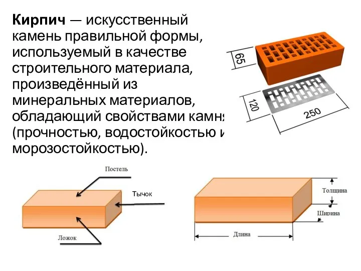 Кирпич — искусственный камень правильной формы, используемый в качестве строительного материала,