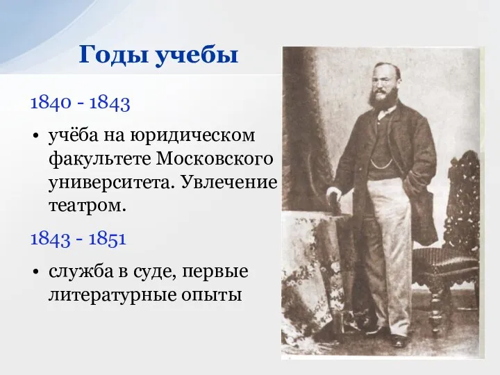 1840 - 1843 учёба на юридическом факультете Московского университета. Увлечение театром.