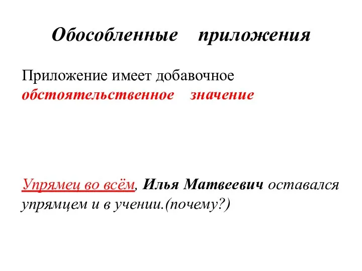 Обособленные приложения Приложение имеет добавочное обстоятельственное значение Упрямец во всём, Илья