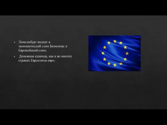 Люксембург входит в экономический союз Бенилюкс и Европейский союз. Денежная единица,