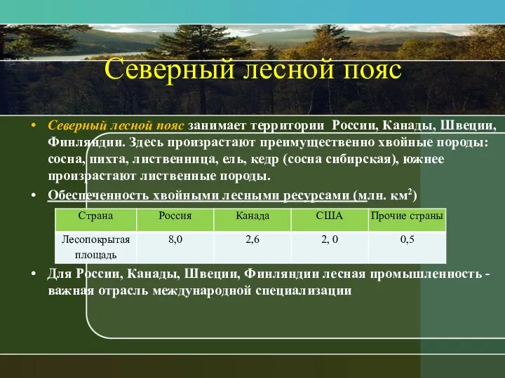 Северный лесной пояс Северный лесной пояс занимает территории России, Канады, Швеции,