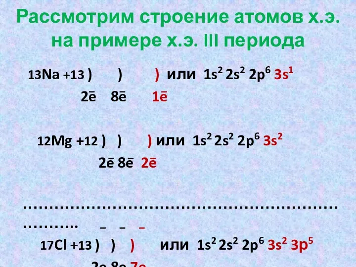 Рассмотрим строение атомов х.э. на примере х.э. III периода 13Na +13