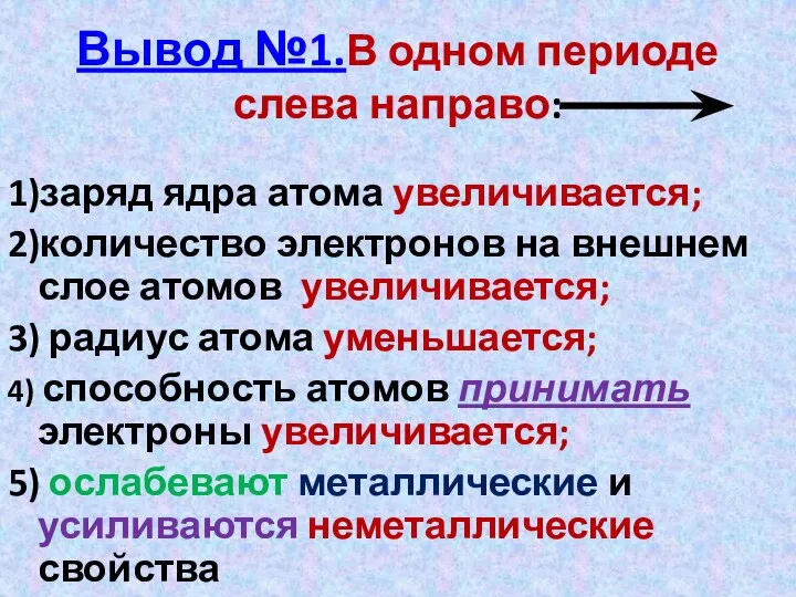 Вывод №1.В одном периоде слева направо: 1)заряд ядра атома увеличивается; 2)количество