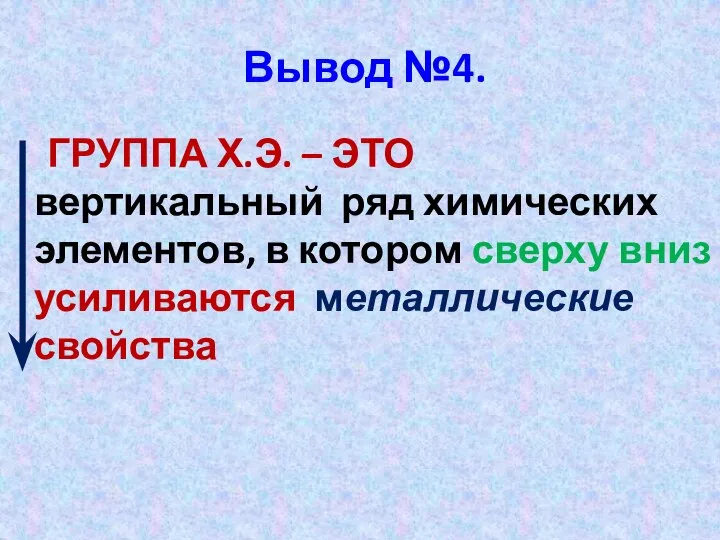 Вывод №4. ГРУППА Х.Э. – ЭТО вертикальный ряд химических элементов, в