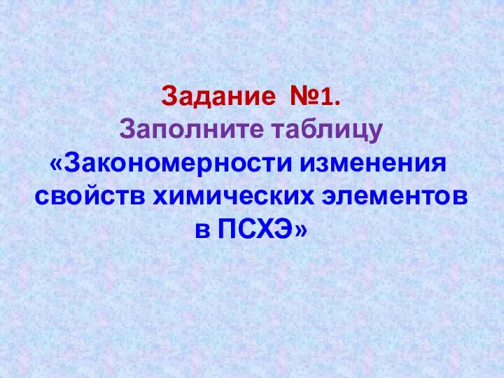 Задание №1. Заполните таблицу «Закономерности изменения свойств химических элементов в ПСХЭ»