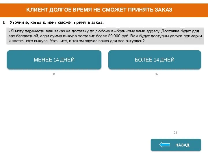 КЛИЕНТ ДОЛГОЕ ВРЕМЯ НЕ СМОЖЕТ ПРИНЯТЬ ЗАКАЗ ДА НЕТ НАЗАД Уточните,