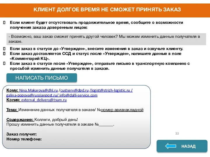 ДА НЕТ НАПИСАТЬ ПИСЬМО НАЗАД Если клиент будет отсутствовать продолжительное время,