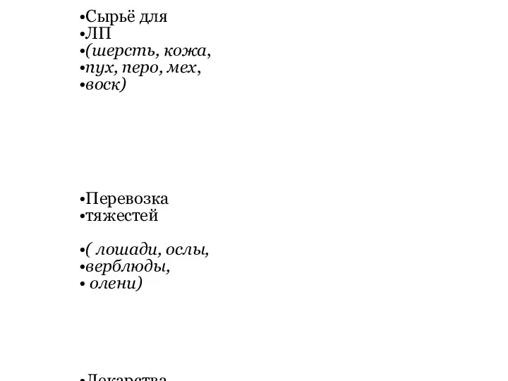 Значение животноводства Продукты питания (мясо, молоко, яйца, мёд, сало) Сырьё для