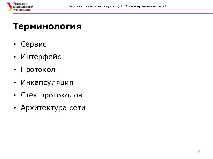 Сети и системы телекоммуникаций. Основы организации сетей Терминология Сервис Интерфейс Протокол