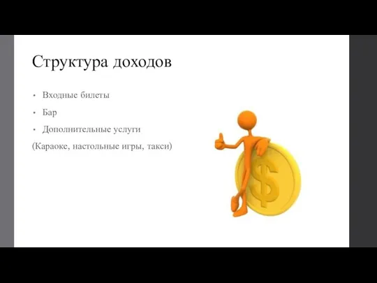 Структура доходов Входные билеты Бар Дополнительные услуги (Караоке, настольные игры, такси)