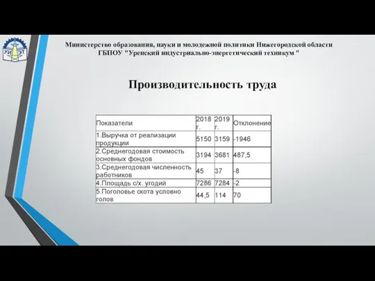 Министерство образования, науки и молодежной политики Нижегородской области ГБПОУ "Уренский индустриально-энергетический техникум " Производительность труда