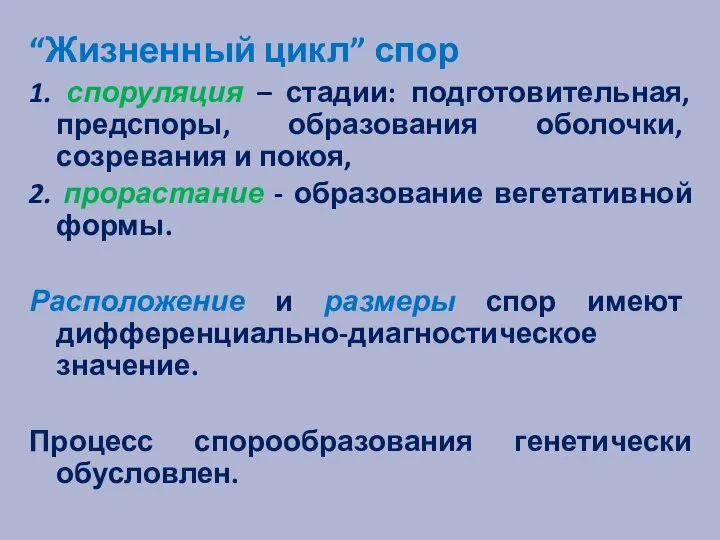 “Жизненный цикл” спор 1. споруляция – стадии: подготовительная, предспоры, образования оболочки,