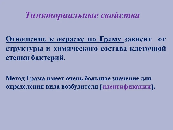 Тинкториальные свойства Отношение к окраске по Граму зависит от структуры и