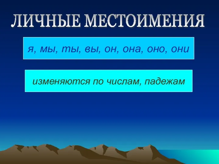 я, мы, ты, вы, он, она, оно, они изменяются по числам, падежам ЛИЧНЫЕ МЕСТОИМЕНИЯ