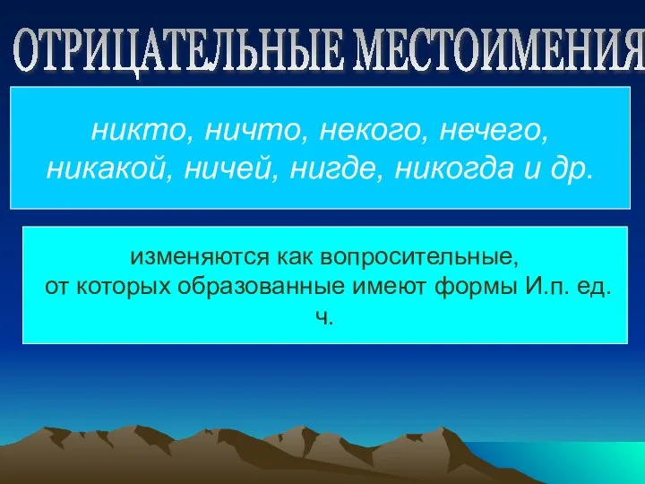 никто, ничто, некого, нечего, никакой, ничей, нигде, никогда и др. изменяются