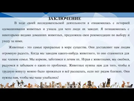 ЗАКЛЮЧЕНИЕ В ходе своей исследовательской деятельности я ознакомилась с историей одомашнивания