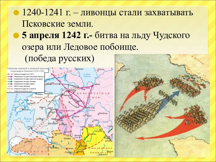 1240-1241 г. – ливонцы стали захватывать Псковские земли. 5 апреля 1242
