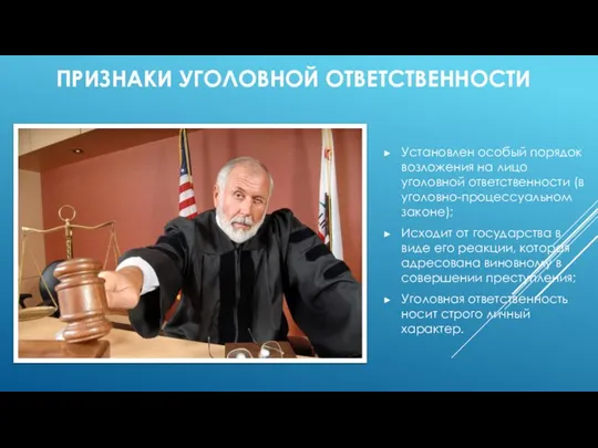 ПРИЗНАКИ УГОЛОВНОЙ ОТВЕТСТВЕННОСТИ Установлен особый порядок возложения на лицо уголовной ответственности