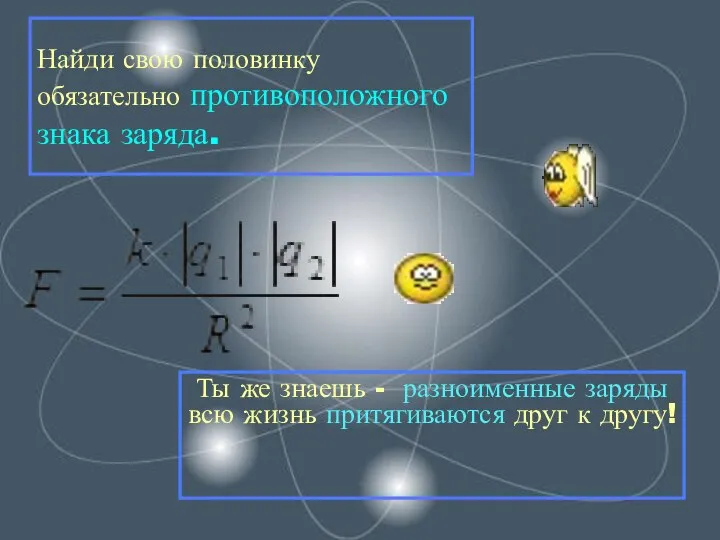 Найди свою половинку обязательно противоположного знака заряда. Ты же знаешь -