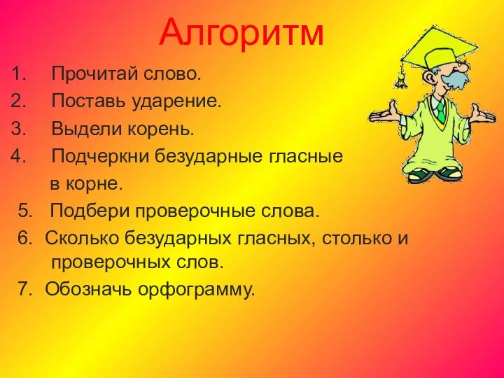 Алгоритм Прочитай слово. Поставь ударение. Выдели корень. Подчеркни безударные гласные в