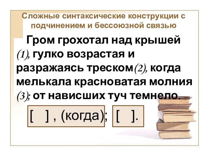 Гром грохотал над крышей (1), гулко возрастая и разражаясь треском(2), когда