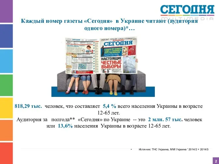 2 Каждый номер газеты «Сегодня» в Украине читают (аудитория одного номера)*…