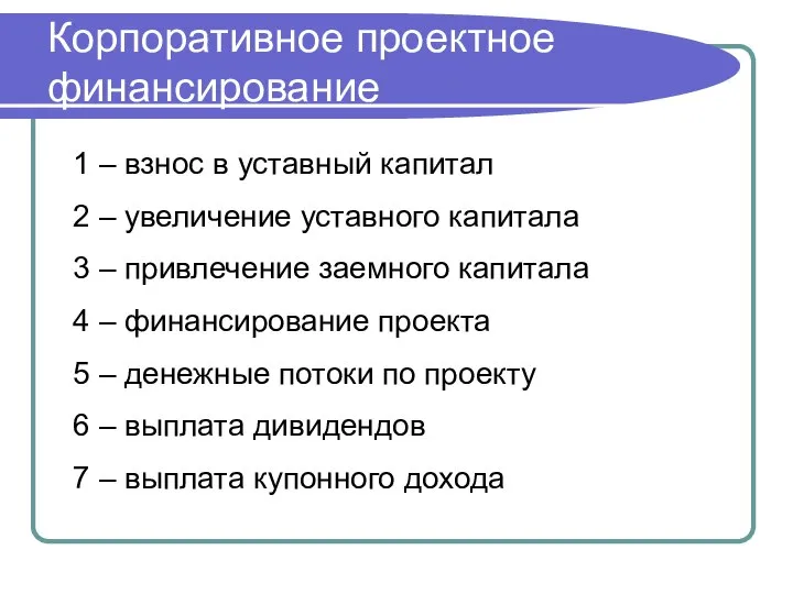 Корпоративное проектное финансирование 1 – взнос в уставный капитал 2 –