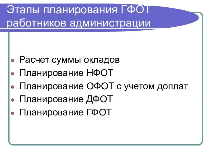 Этапы планирования ГФОТ работников администрации Расчет суммы окладов Планирование НФОТ Планирование