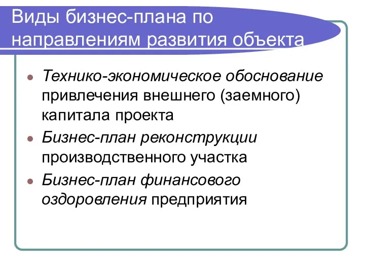 Виды бизнес-плана по направлениям развития объекта Технико-экономическое обоснование привлечения внешнего (заемного)