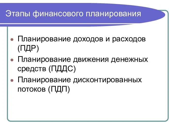 Этапы финансового планирования Планирование доходов и расходов (ПДР) Планирование движения денежных