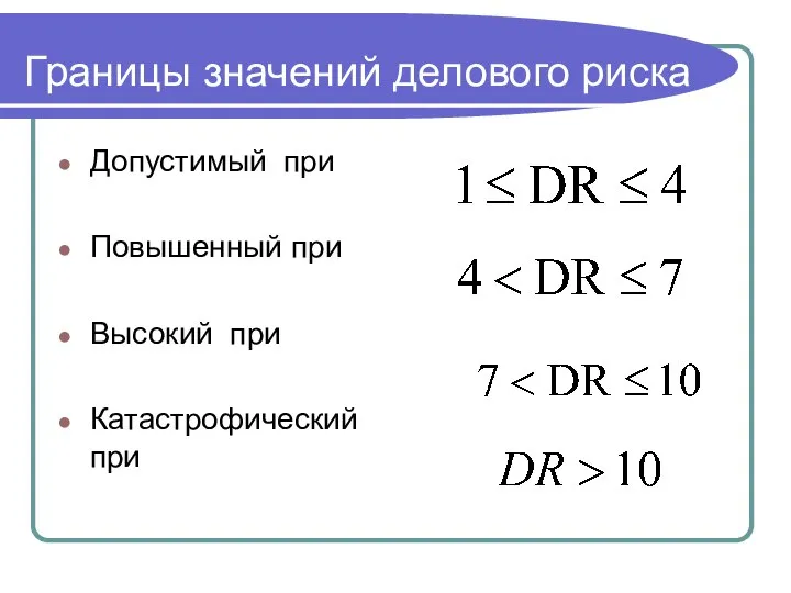 Границы значений делового риска Допустимый при Повышенный при Высокий при Катастрофический при